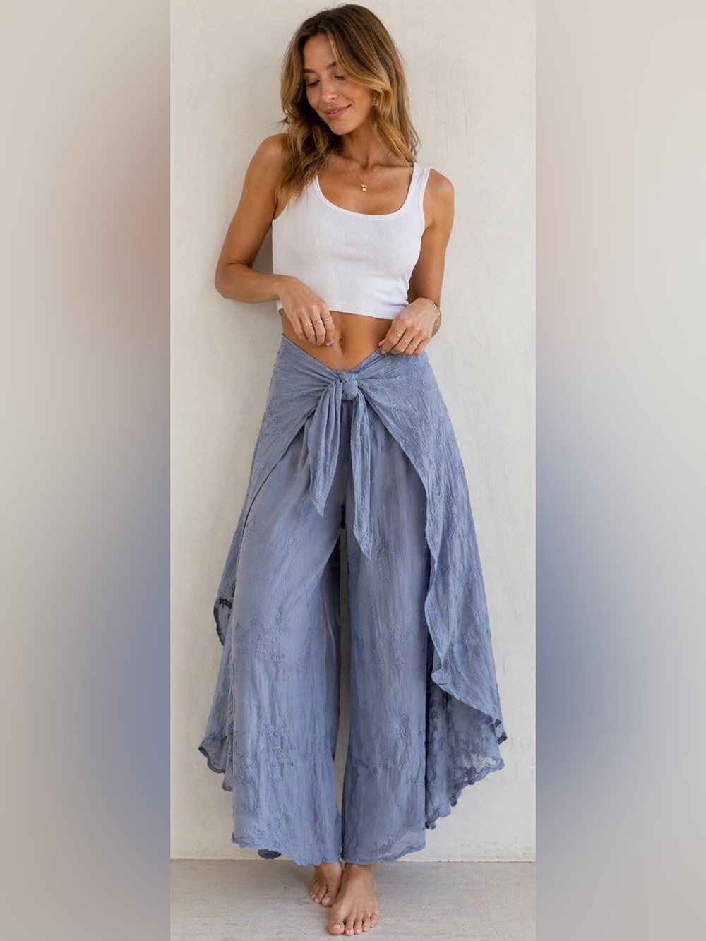 Lost + Wander Embroidered Tie-Front Casual Flowy Skirt /Pant In Light Blue XS